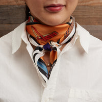 Equestrian Print Scarf – Silk Texture Square Scarf with Vintage Saddle & Tack Design