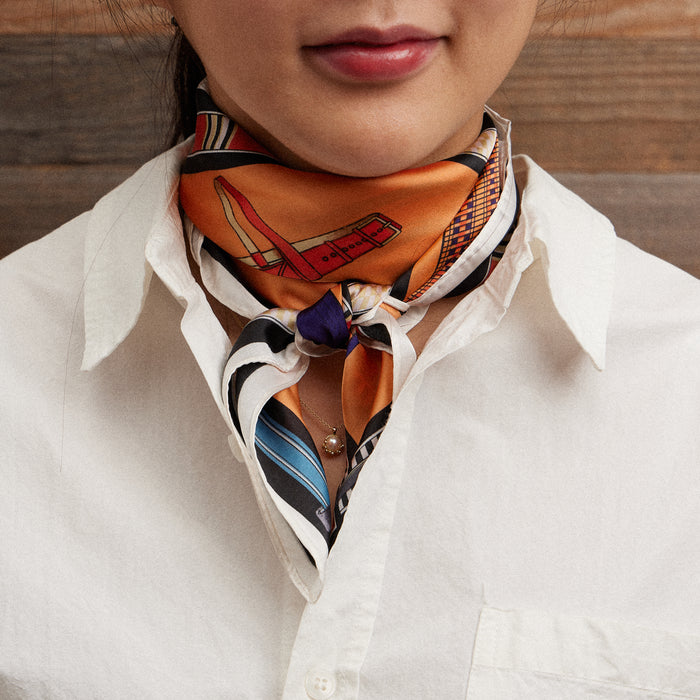 Equestrian Print Scarf – Silk Texture Square Scarf with Vintage Saddle & Tack Design