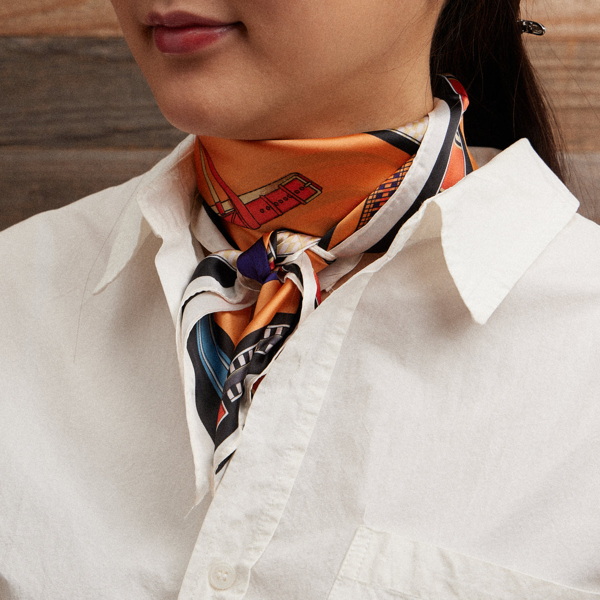 Equestrian Print Scarf – Silk Texture Square Scarf with Vintage Saddle & Tack Design
