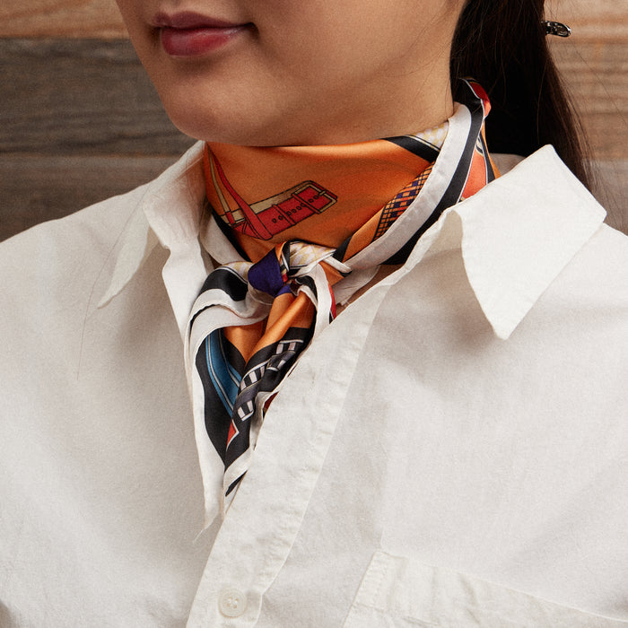 Equestrian Print Scarf – Silk Texture Square Scarf with Vintage Saddle & Tack Design