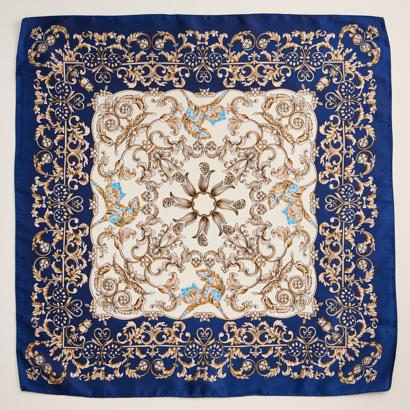 Baroque Print Silk-Texture Scarf – Elegant Square Scarf for Timeless Style
