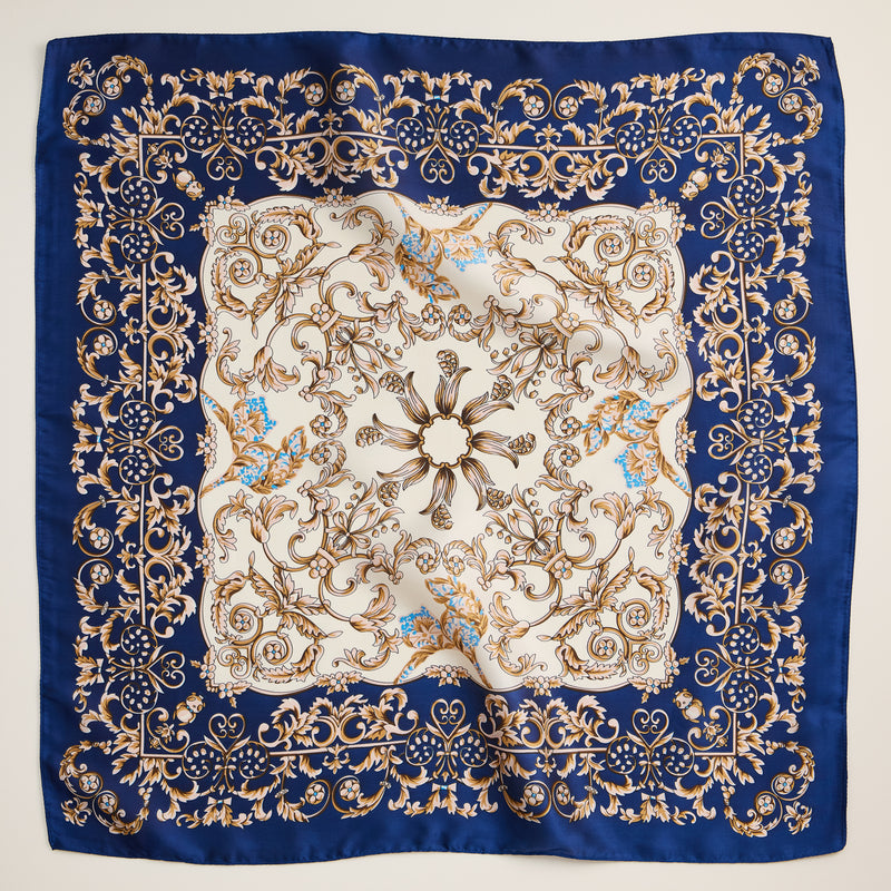 Baroque Print Silk-Texture Scarf – Elegant Square Scarf for Timeless Style