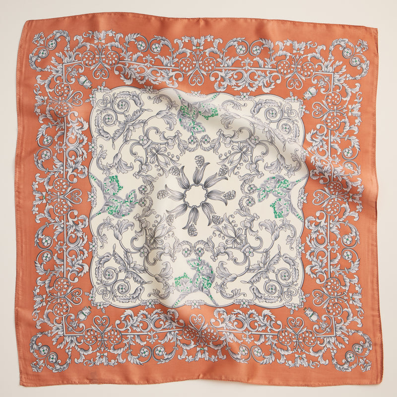 Baroque Print Silk-Texture Scarf – Elegant Square Scarf for Timeless Style