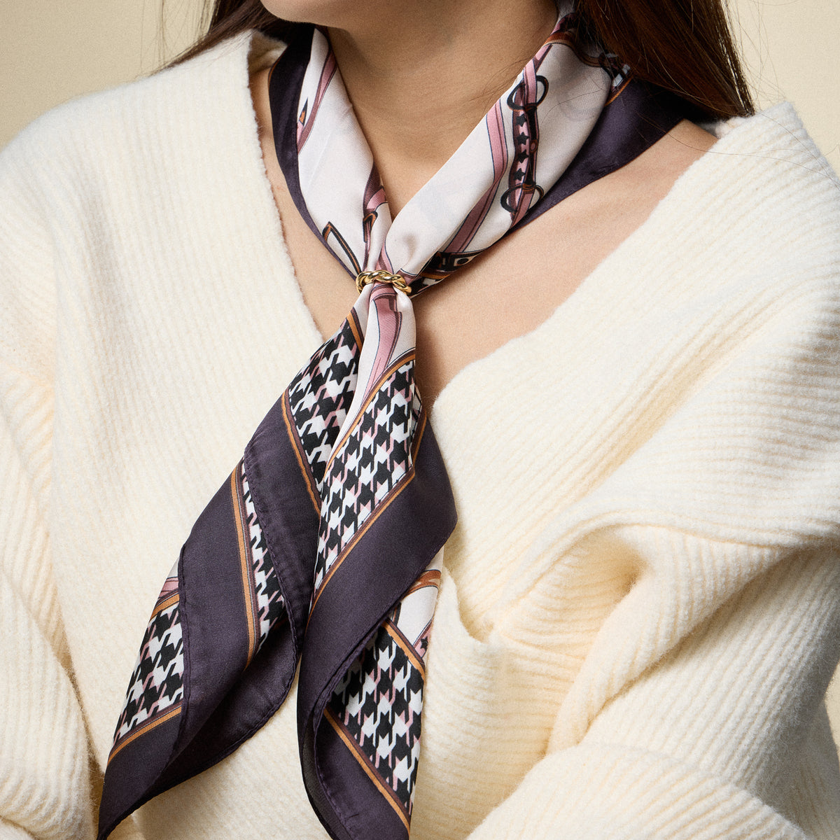 Floral & Equestrian Print Silk-Feel Scarf – Elegant Square Scarf with Houndstooth Border