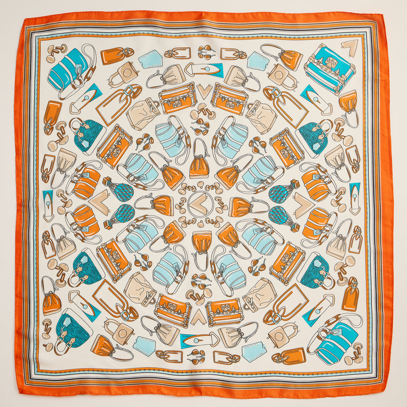 Chic Handbag Print Scarf – Fashion-Inspired Square Scarf with Silk Texture