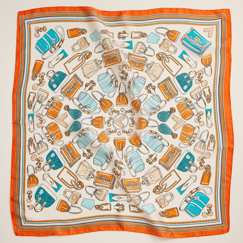 Chic Handbag Print Scarf – Fashion-Inspired Square Scarf with Silk Texture