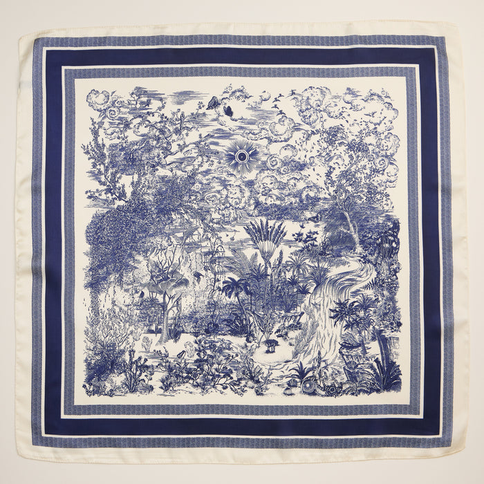 Elegant Toile Print Scarf – Vintage-Inspired Square Scarf with Silk Texture