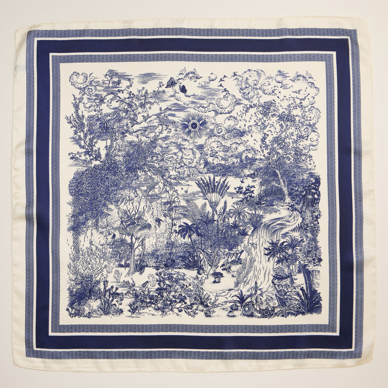 Elegant Toile Print Scarf – Vintage-Inspired Square Scarf with Silk Texture