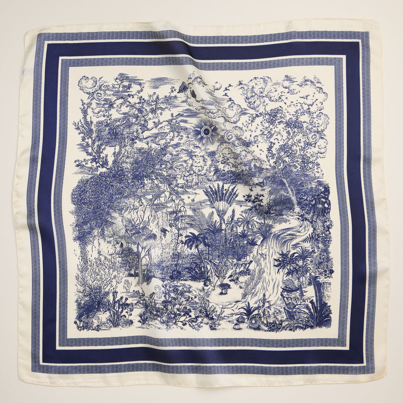 Elegant Toile Print Scarf – Vintage-Inspired Square Scarf with Silk Texture