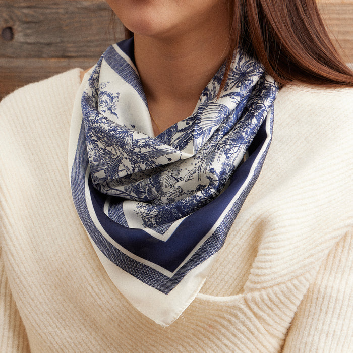 Elegant Toile Print Scarf – Vintage-Inspired Square Scarf with Silk Texture