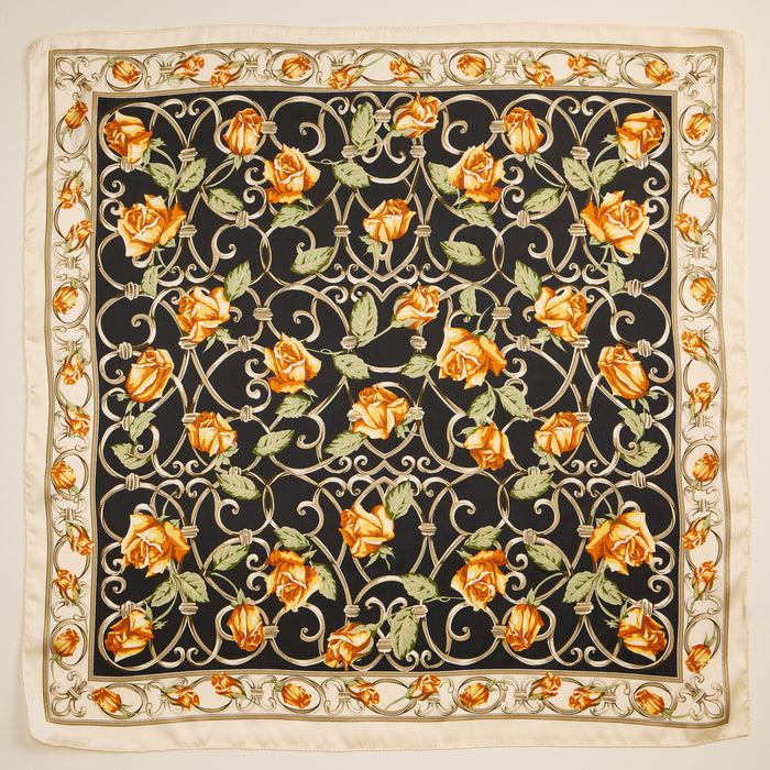 Baroque Rose Print Scarf – Elegant Floral Silk-Feel Square Scarf