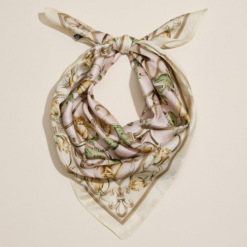 Baroque Rose Print Scarf – Elegant Floral Silk-Feel Square Scarf