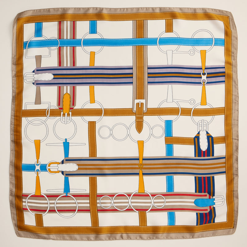 Equestrian-Inspired Scarf – Elegant Silk-Feel Square Scarf with Belt & Bridle Print