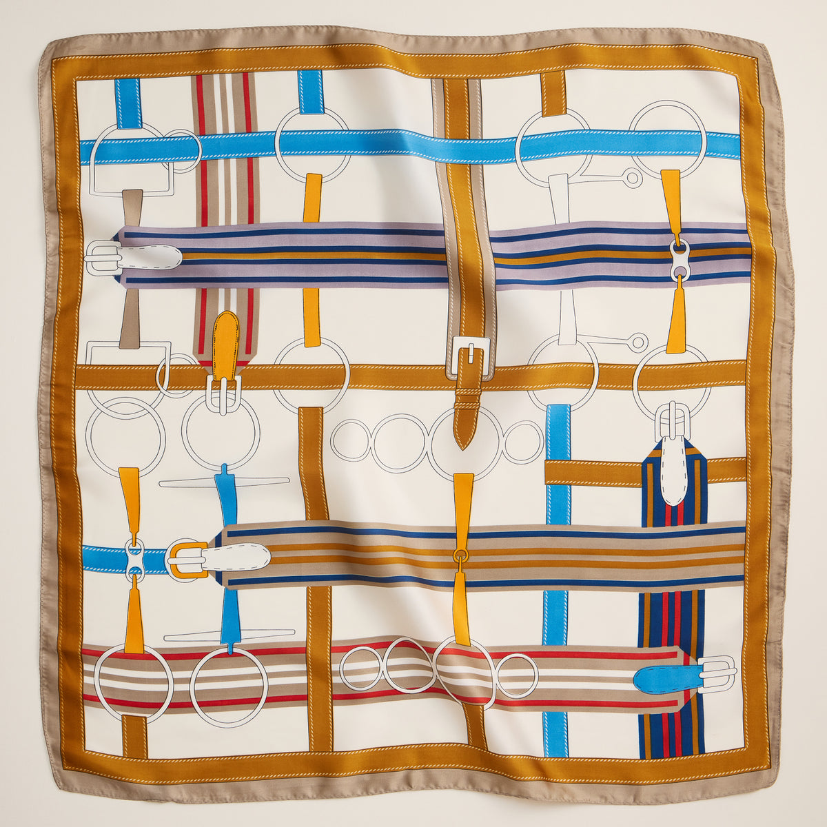 Equestrian-Inspired Scarf – Elegant Silk-Feel Square Scarf with Belt & Bridle Print