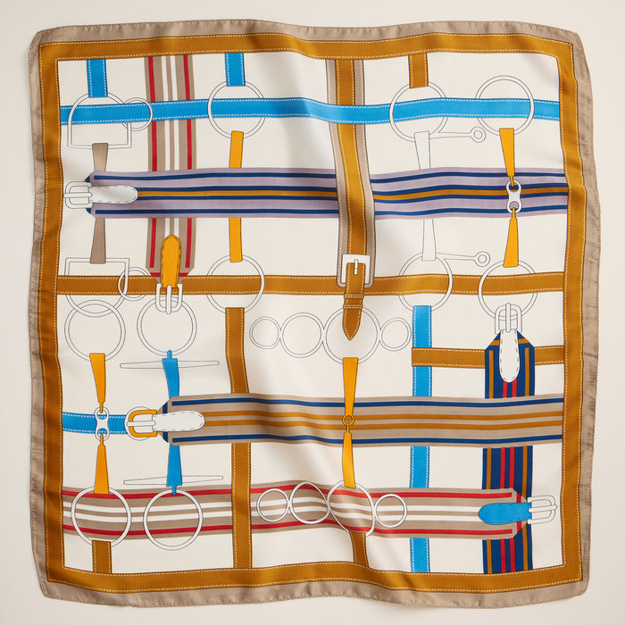 Equestrian-Inspired Scarf – Elegant Silk-Feel Square Scarf with Belt & Bridle Print