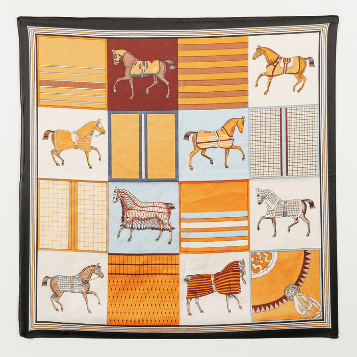 Equestrian Print Silk-Texture Scarf – Elegant Horse-Themed Square Scarf