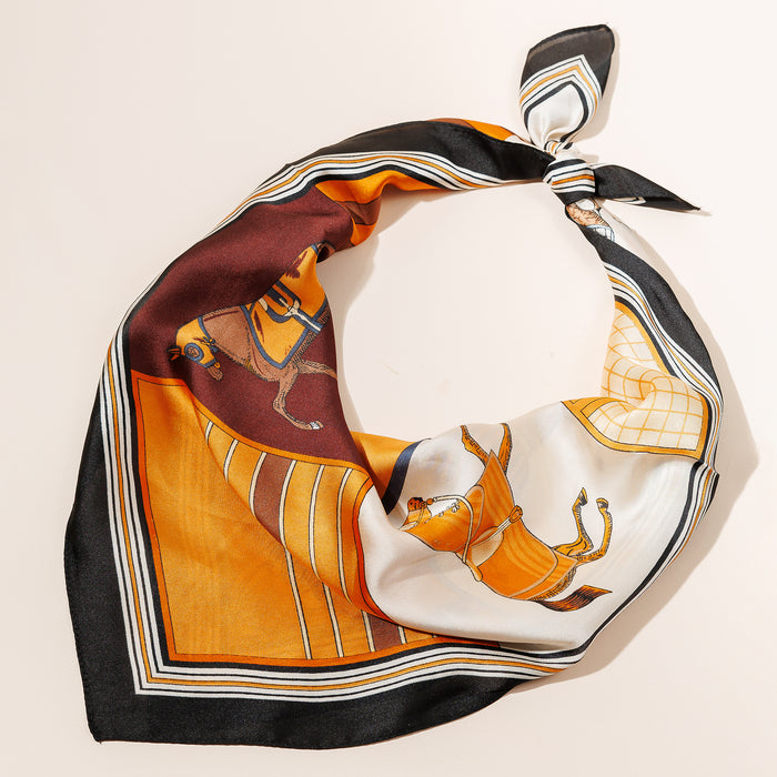Equestrian Print Silk-Texture Scarf – Elegant Horse-Themed Square Scarf