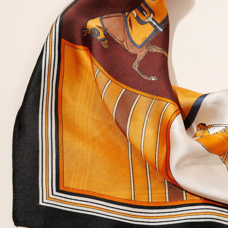 Equestrian Print Silk-Texture Scarf – Elegant Horse-Themed Square Scarf