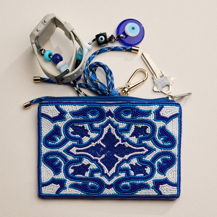 Blue Beaded Mosaic Zipper Pouch