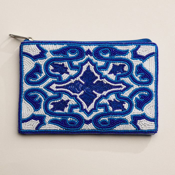 Blue Beaded Mosaic Zipper Pouch