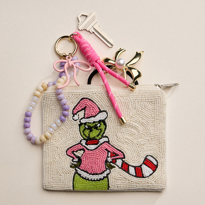Beaded Holiday Green Monster Zipper Pouch