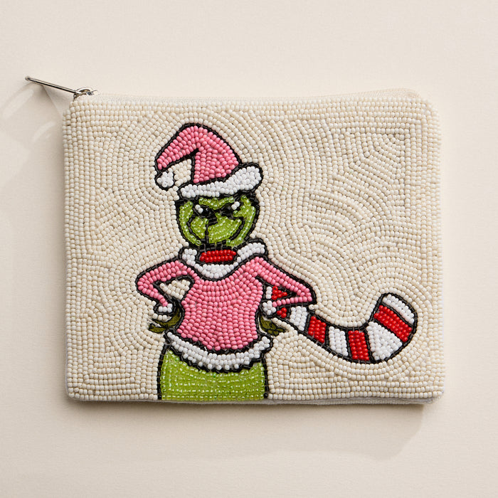 Beaded Holiday Green Monster Zipper Pouch