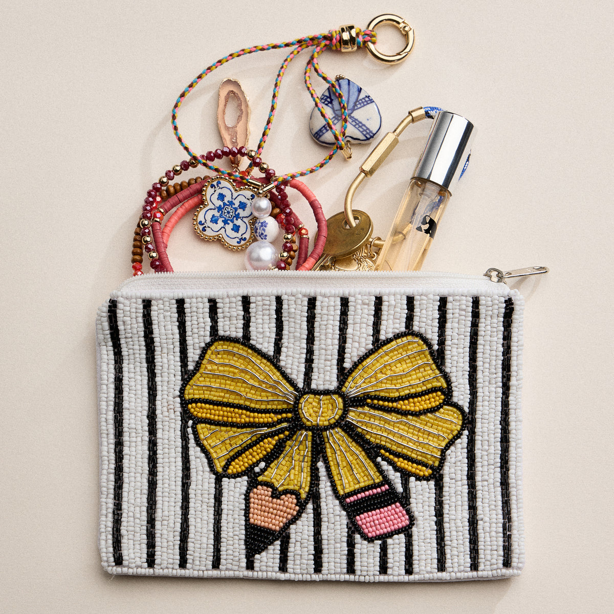 Beaded Yellow Bow Pencil Pouch