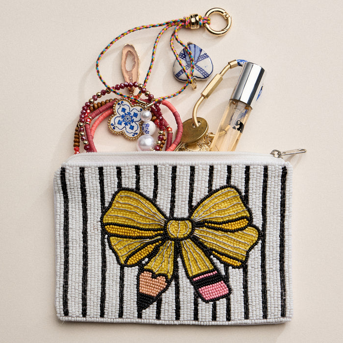 Beaded Yellow Bow Pencil Pouch