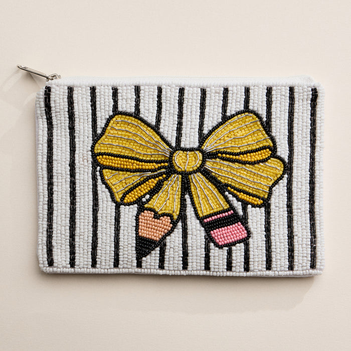 Beaded Yellow Bow Pencil Pouch