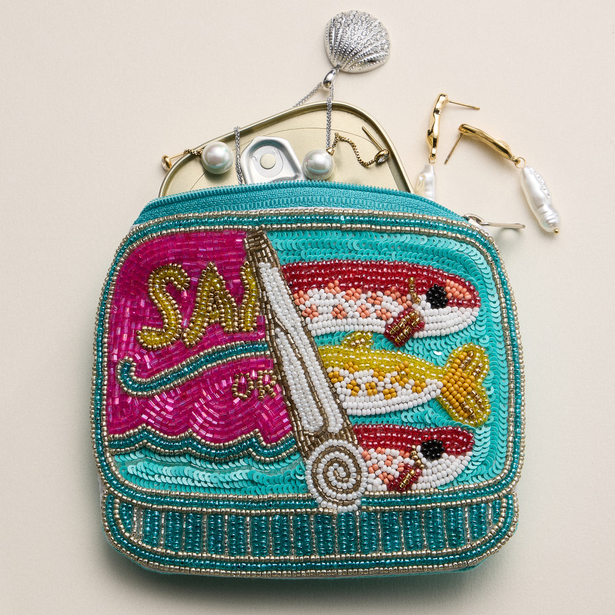 Beaded Sardine Can Clutch – Hand-Embroidered Sequin Zip Pouch