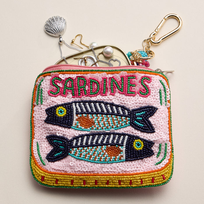 Beaded Sardine Tin Clutch – Pink Hand-Embroidered Sequin Zip Pouch