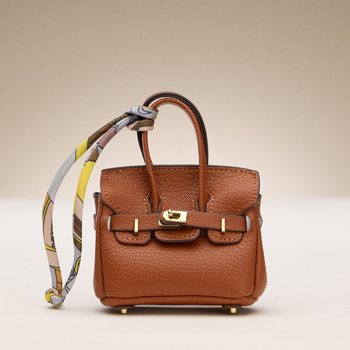 Mini Handbag Keychain Charm | Faux Leather Purse Keyring with Twilly Scarf