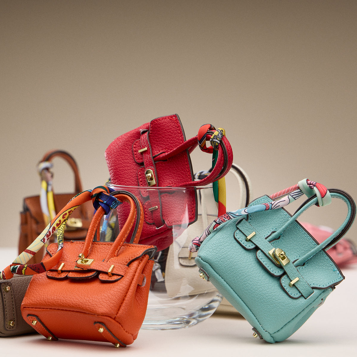 Mini Handbag Keychain Charm | Faux Leather Purse Keyring with Twilly Scarf