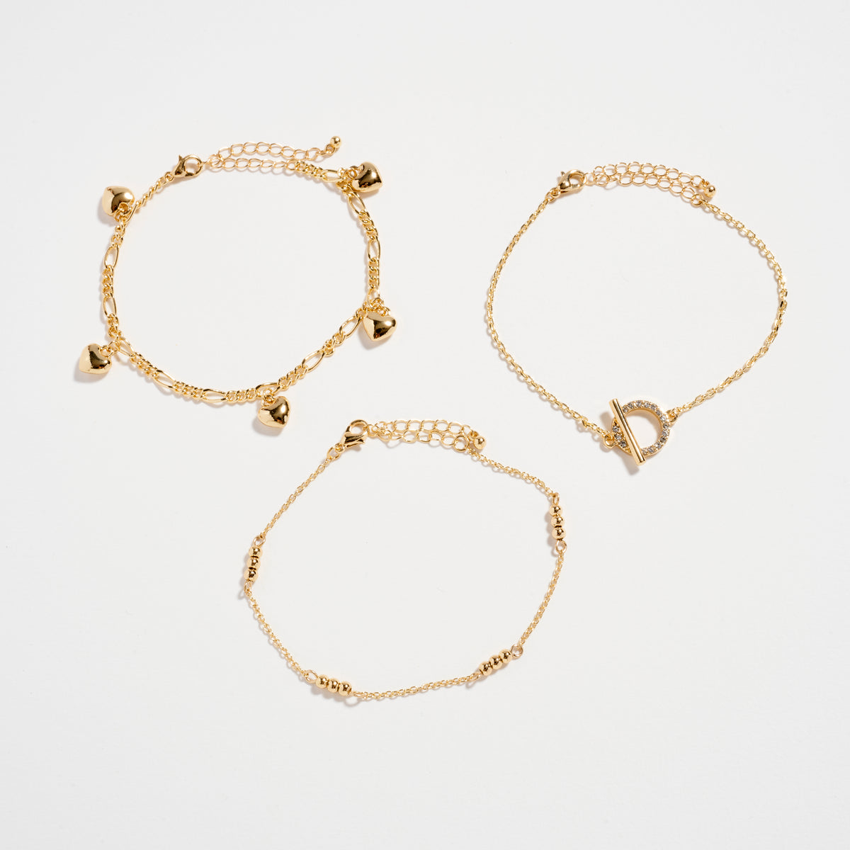 Gold Dipped Layered Heart Charm and Beaded Chain Bracelet Set – Toggle and Link Chain Design