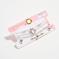 Gold Dipped Layered Heart Charm and Beaded Chain Bracelet Set – Toggle and Link Chain Design