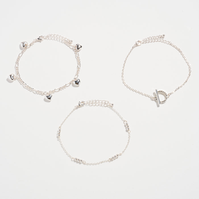 Gold Dipped Layered Heart Charm and Beaded Chain Bracelet Set – Toggle and Link Chain Design