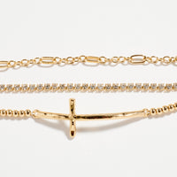 Triple Layer Chain & Gold-Dipped Bracelet with Cross Pendant