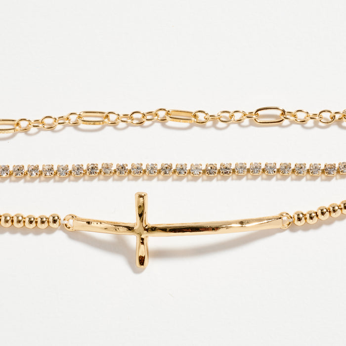 Triple Layer Chain Bracelet with Cross Pendant
