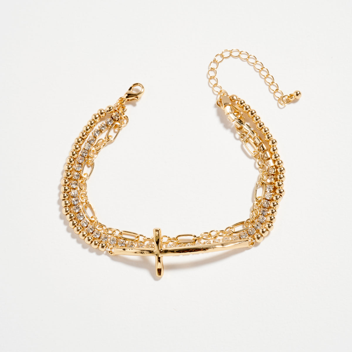 Triple Layer Chain & Gold-Dipped Bracelet with Cross Pendant