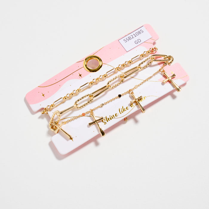 Multi-Chain Gold-Dipped Bracelet Set with Cross Details