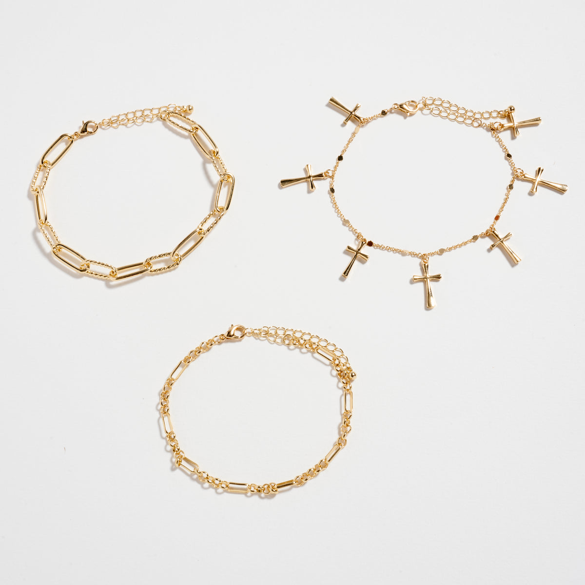 Multi-Chain Gold-Dipped Bracelet Set with Cross Details