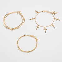 Multi-Chain Gold-Dipped Bracelet Set with Cross Details