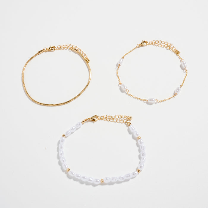 Pearl Bracelet Set – 3-Layered Bracelet Pack (Gold-Dipped & Silver Options)