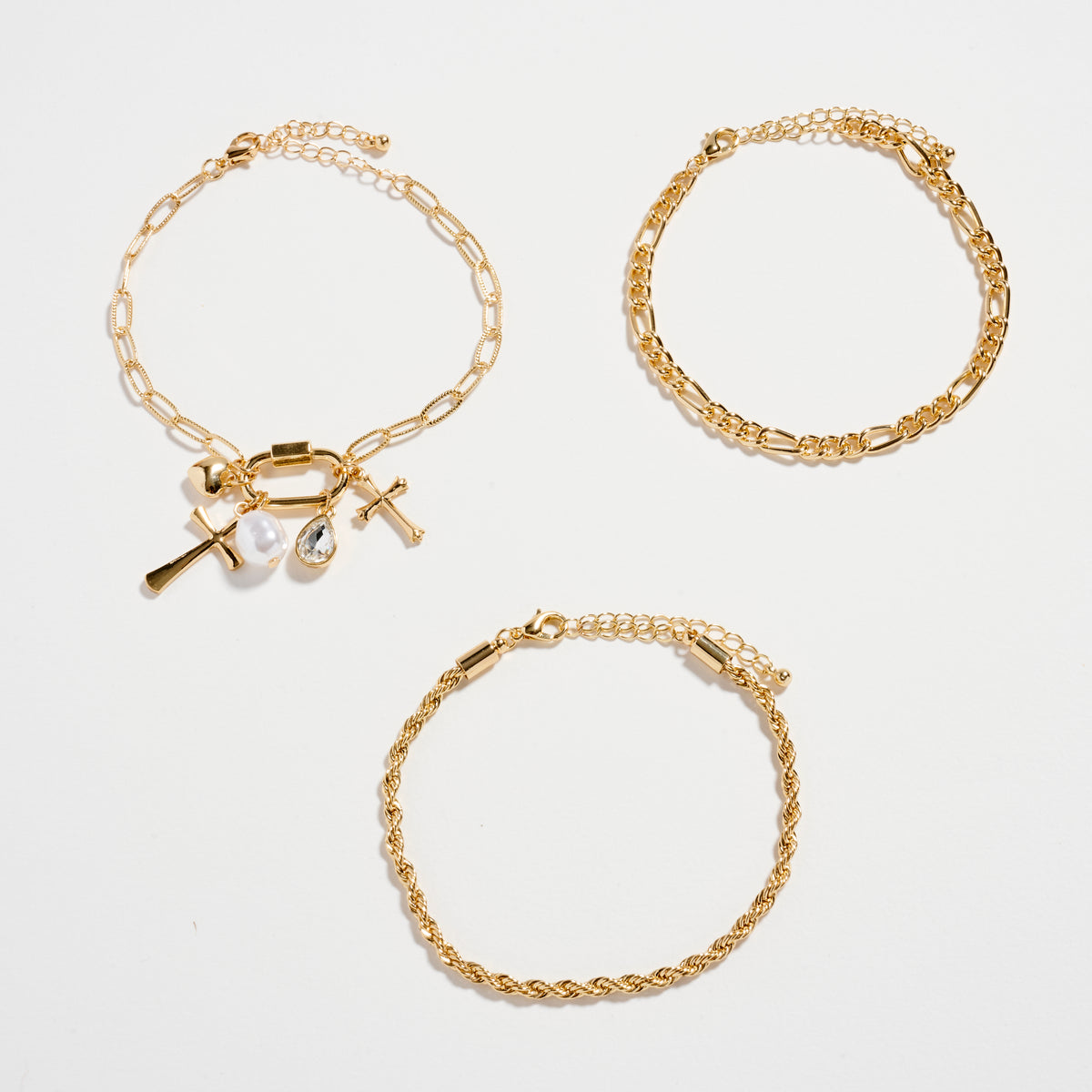 3-Piece Layered Chain Bracelet Set – Cross, Heart & Pearl Charms