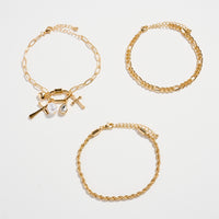 3-Piece Layered Chain Bracelet Set – Cross, Heart & Pearl Charms