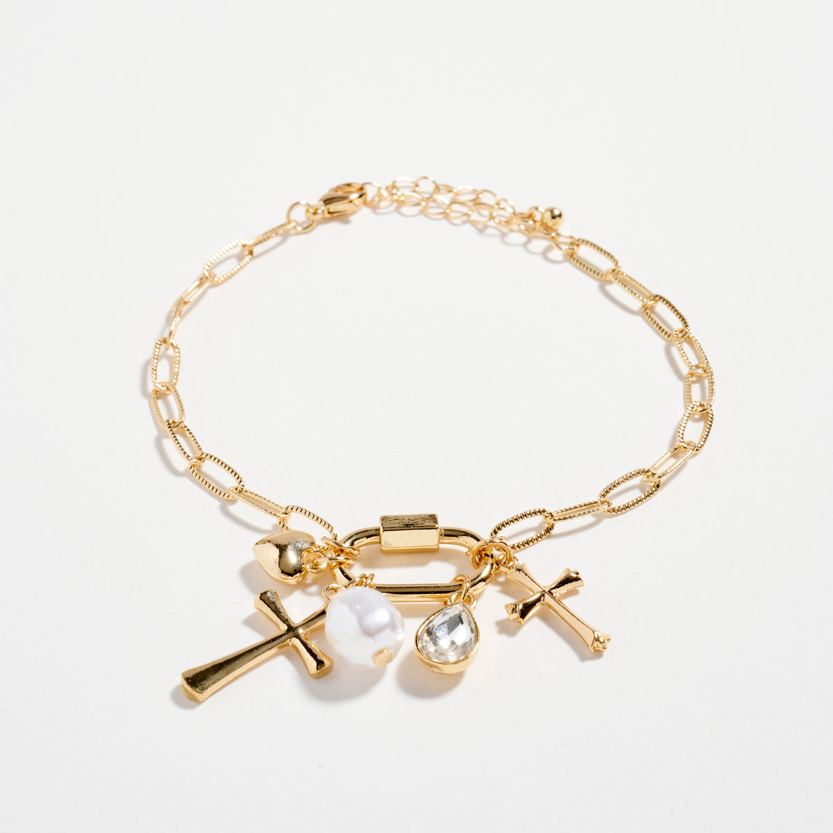 3-Piece Layered Chain Bracelet Set – Cross, Heart & Pearl Charms