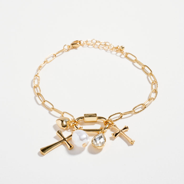 3-Piece Layered Chain Bracelet Set with Cross, Heart & Pearl