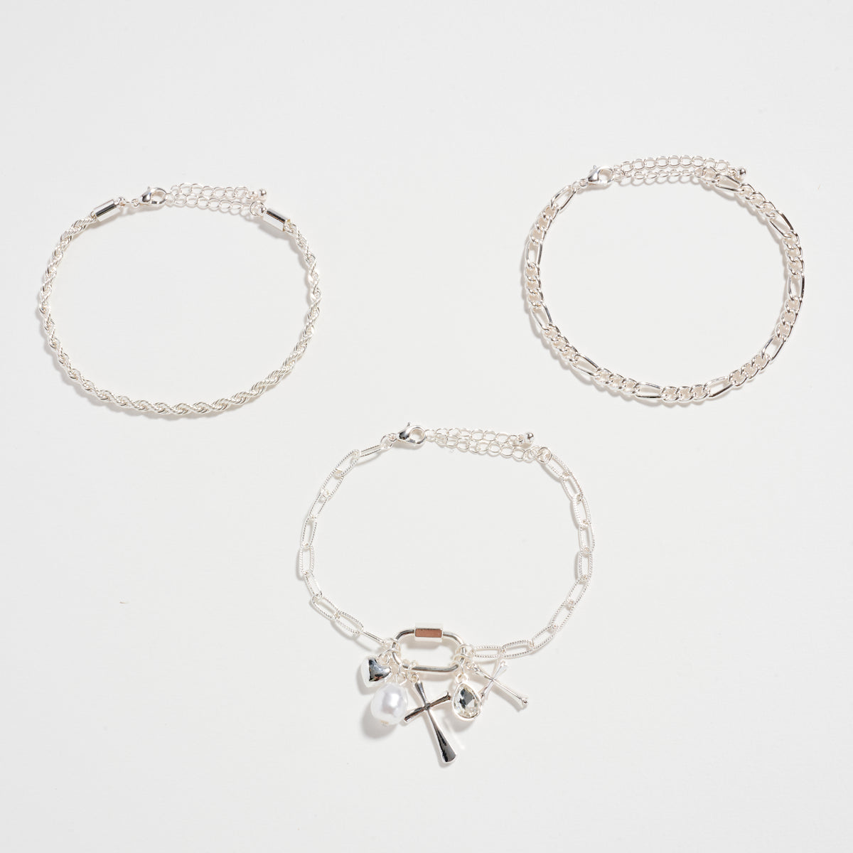3-Piece Layered Chain Bracelet Set – Cross, Heart & Pearl Charms