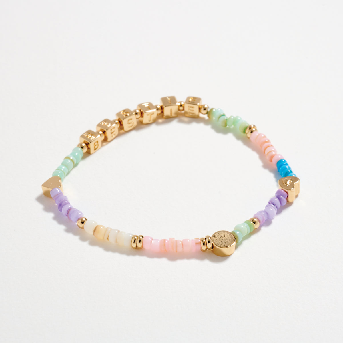 Gold Dipped Beaded “Bestie” Bracelet with Gold Letter Cubes & Heart Accents – Friendship Stretch Bracelet