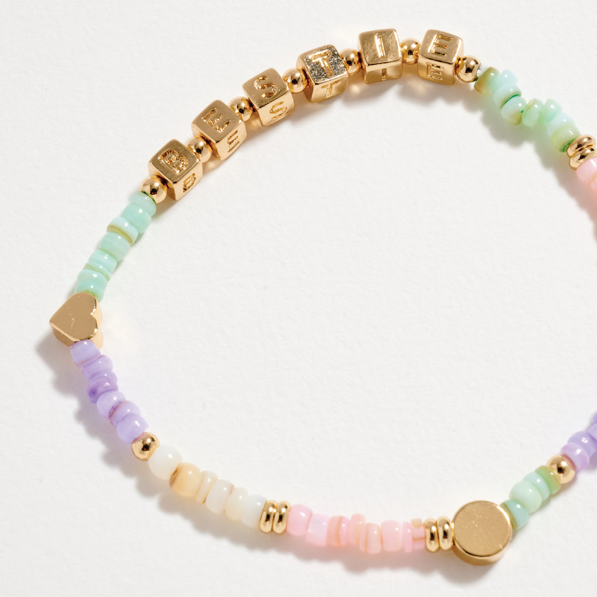 Gold Dipped Beaded “Bestie” Bracelet with Gold Letter Cubes & Heart Accents – Friendship Stretch Bracelet